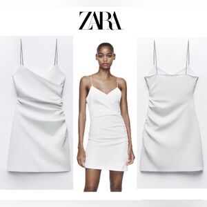 Zara White shiny rhinestone strap sweetheart neckline ruched mini dress stretchy